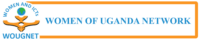 The logo for the organisation WOUGNET. It has an icon in gold colour on the left, with a small globe above it. There is text that reads 'Women and ICTs. Women of Uganda Network. WOUGNET.'. It is surrounded by a gold border.