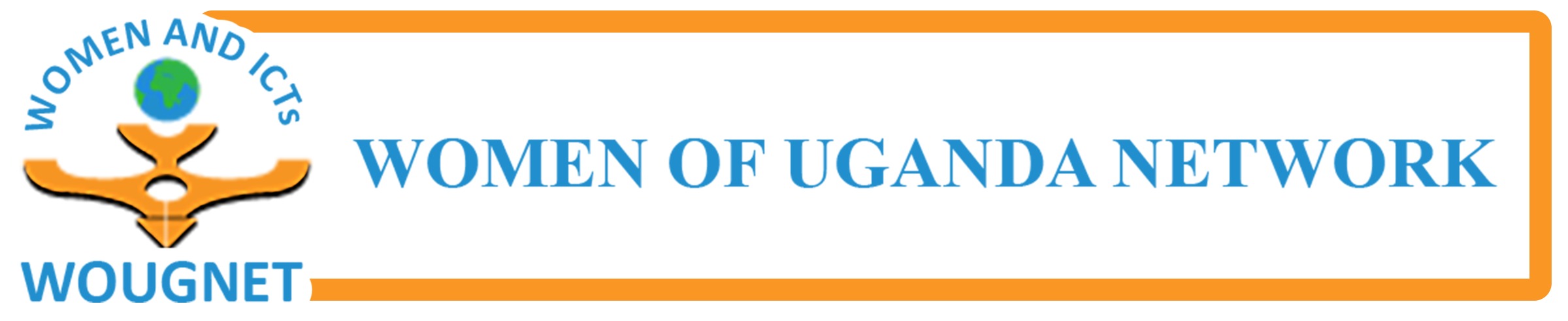 The logo for the organisation WOUGNET. It has an icon in gold colour on the left, with a small globe above it. There is text that reads 'Women and ICTs. Women of Uganda Network. WOUGNET.'. It is surrounded by a gold border.