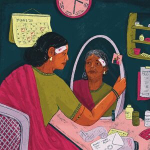 A hand-drawn illustration of a domestic worker. They are sitting at a dressing table looking at themselves in the mirror, with a sad expression on their face. There is a plaster on their head and the table is covered in bills. 