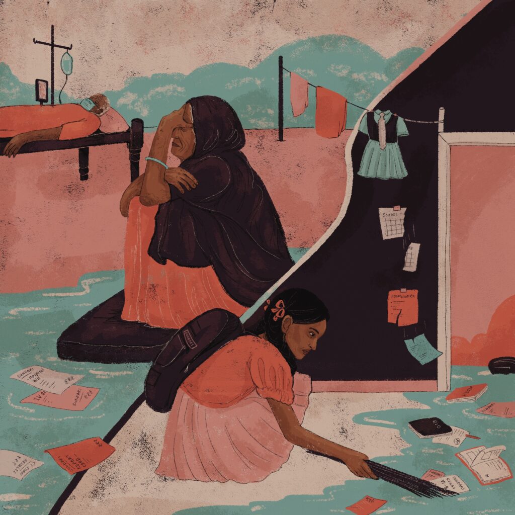 A hand-drawn illustration of a domestic worker. They are on the floor, holding their head as their husband is on a hospital bed. On the right hand side is a young version of them, sweeping the floor.