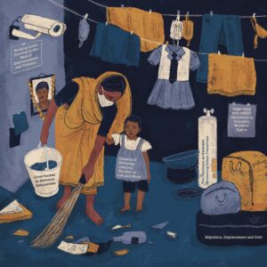 A graphic illustration with blue, white and yellow colours. There is a women and you child standing in a room full of clothes, luggage and a CCTV camera. The woman is sweeping the floor.