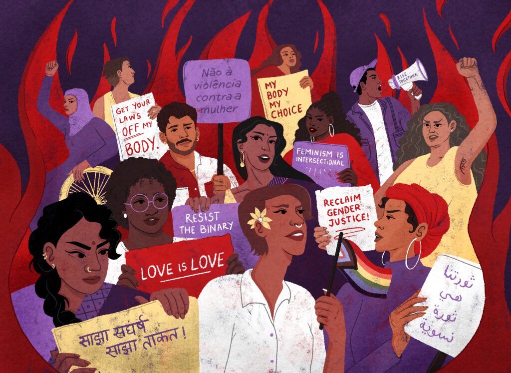 A graphic image of a group of diverse people in protest positions. They are holding signs in a variety of languages calling for gender justice. They stand in front of red flames against a purple background.