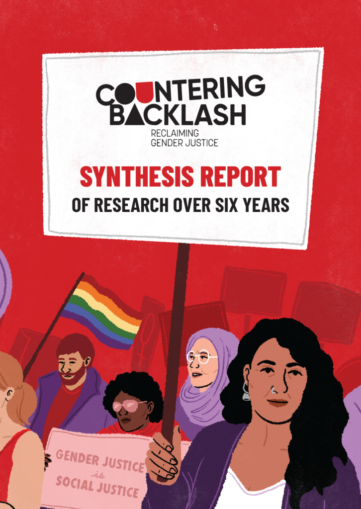 A screenshot of the Countering Backlash synthesis report. The background is red, and there are cartoon people protesting and holding various signs, including an LGBTQ+ flag, and a sign that reads 'gender justice is social justice'. 